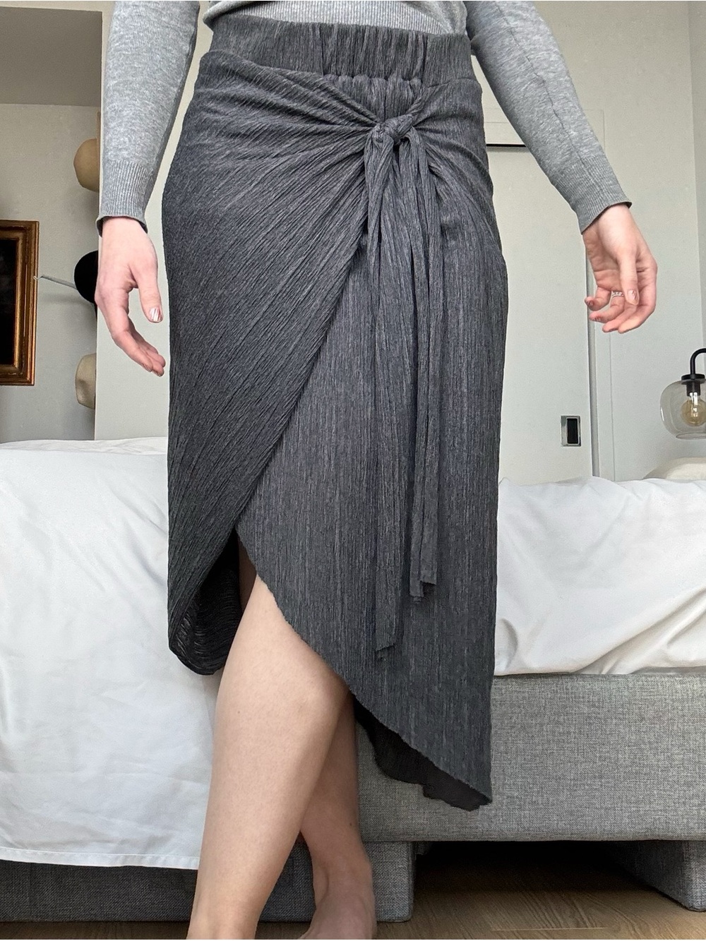 Lush Charcoal Gray Asymmetrical Wrap Midi Skirt Lined Summer Minimalist Beach S